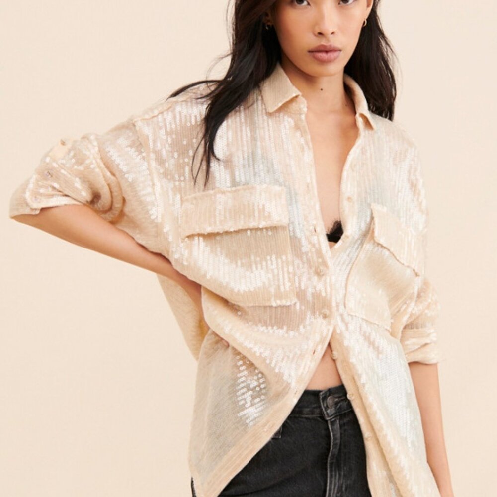 Anthropologie Pilcro Sequin Button down Shirt - Ivory / Cream - Size Small